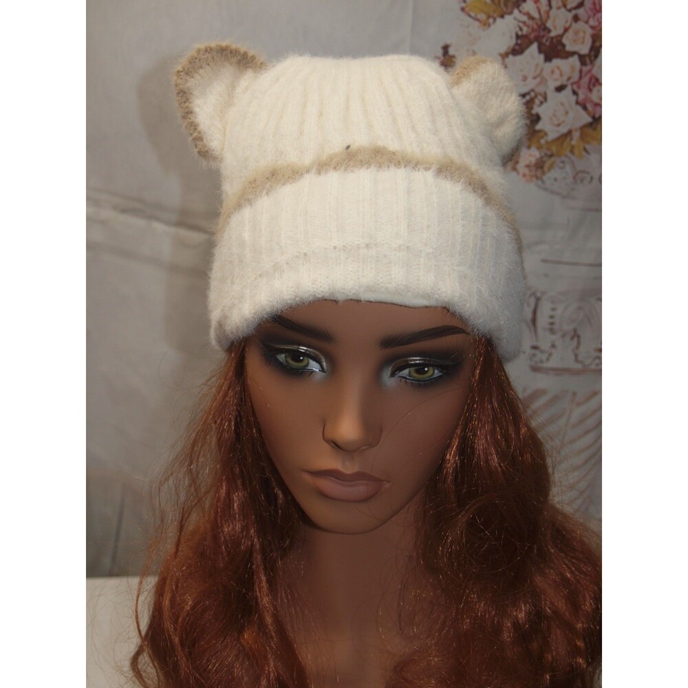 Cute Cat Ear Knit Hat Beige Lines Super Soft & Cuffed Unique NEW